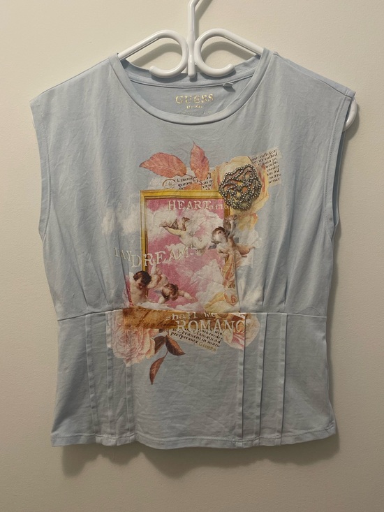 Guess Tops - Guess Light Blue Sleeveless Corset Tee with Pink & Cream Accents, & Rhinestones